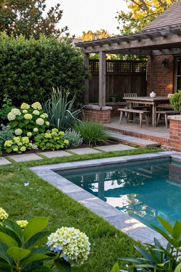 Backyard pool with gray stone edging bordered by lawn, white hydrangea clusters, ornamental grasses, and low shrubs, adjacent to a wooden pergola-covered patio with dining table and brick house wall.