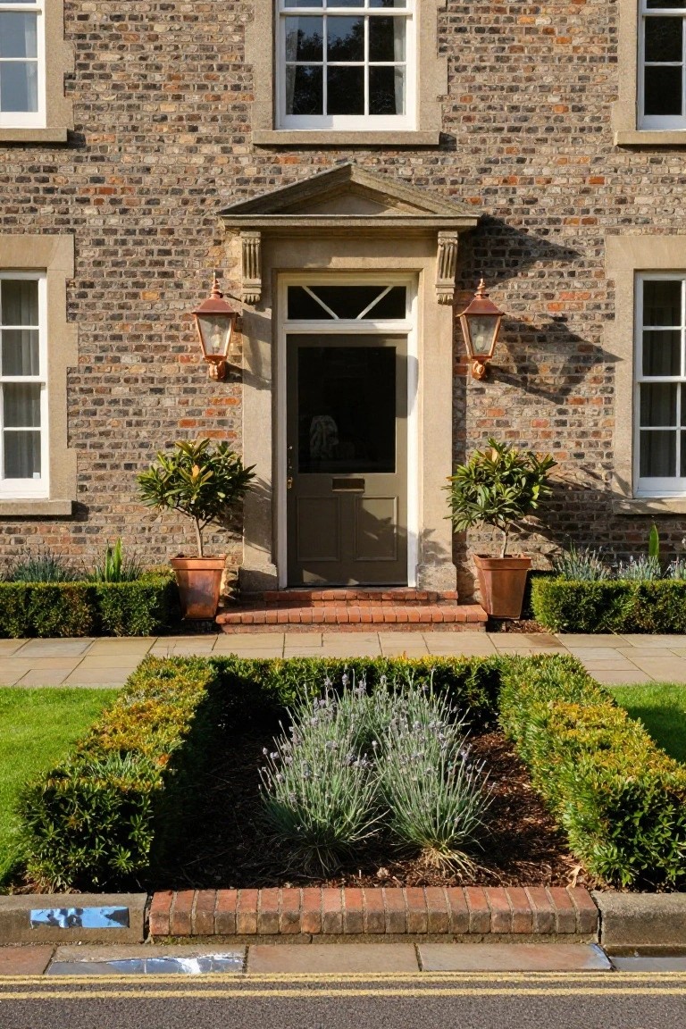 Colonial brick house exterior with pedimented entry, green door, copper lanterns, potted trees flanking steps, and foreground symmetrical garden bed of lavender plants edged by low boxwood hedges along a paved path.