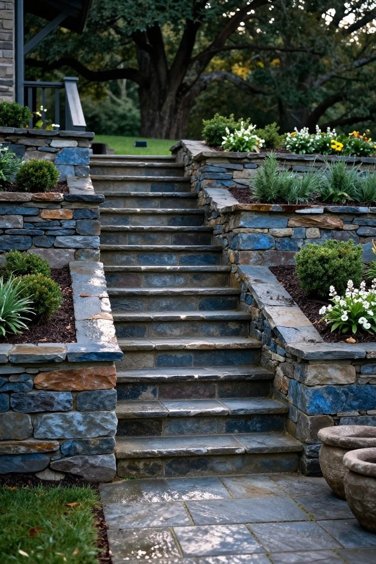 Tiered stone steps with blue-gray slabs and retaining walls planted with boxwood shrubs, white flowers, grasses, and terracotta pots at the base leading toward a house entrance amid trees and lawn.