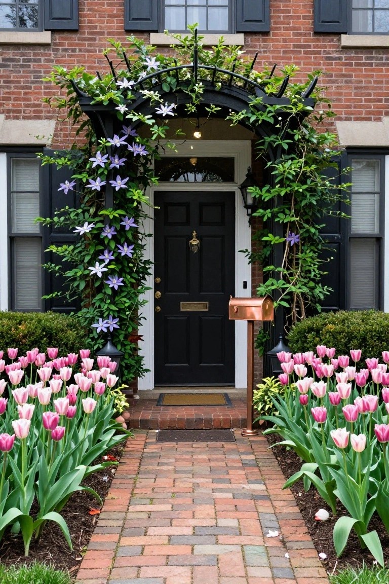 Colonial brick house exterior featuring a black front door beneath an arched black metal entryway covered in purple climbing vines and green foliage, with symmetrical pink and white tulip beds flanking a brick path leading to the door and a copper mailbox post beside it.