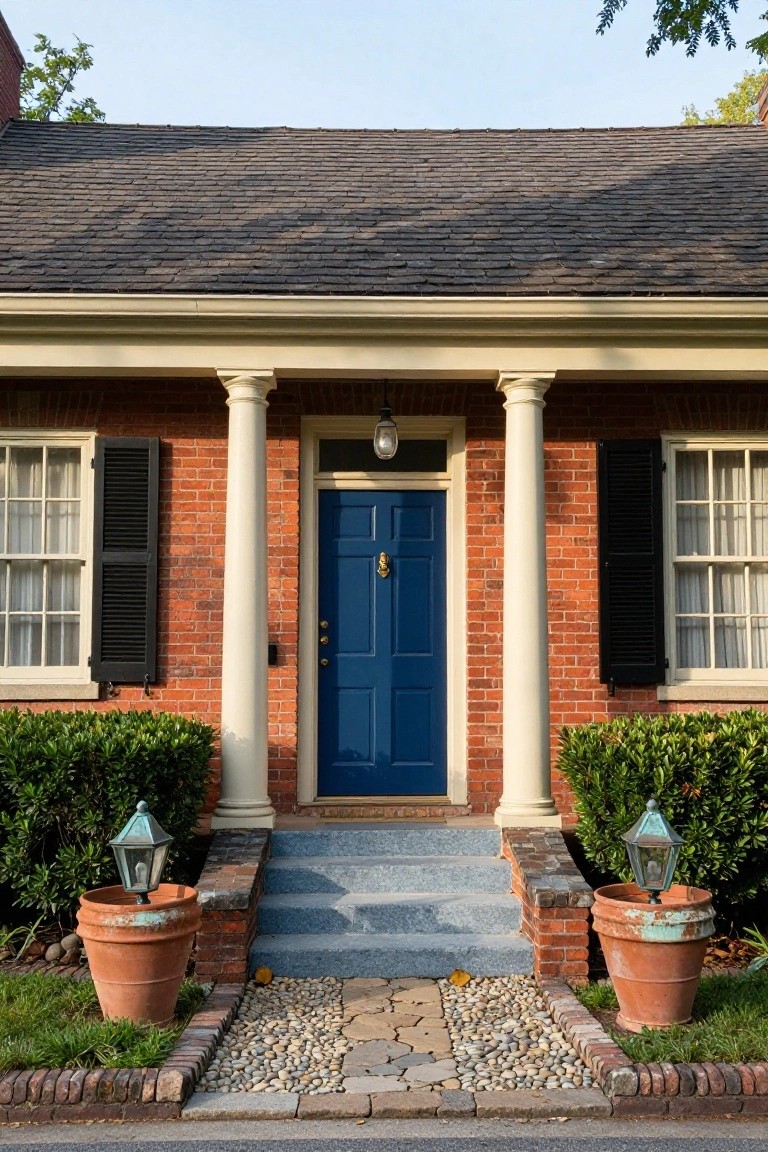 Red brick colonial house exterior featuring two white fluted columns supporting a portico over a navy blue front door, with multipane windows and black shutters on either side, stone steps, copper lanterns in terracotta pots, and boxwood shrubs.