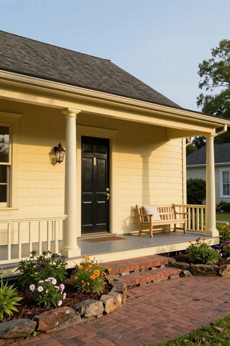 Pale yellow clapboard house with white porch columns, black front door, wall lantern, wooden bench with cushions, brick steps, and flower beds along a brick path.