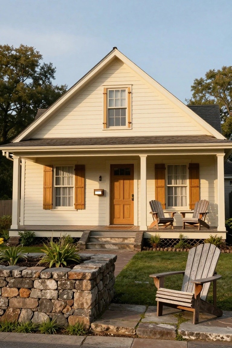 Pale yellow clapboard colonial house with gabled roof, white round porch columns, wooden front door and shutters, Adirondack chairs on porch and lawn, stone retaining wall with plants, and steps to the sidewalk.