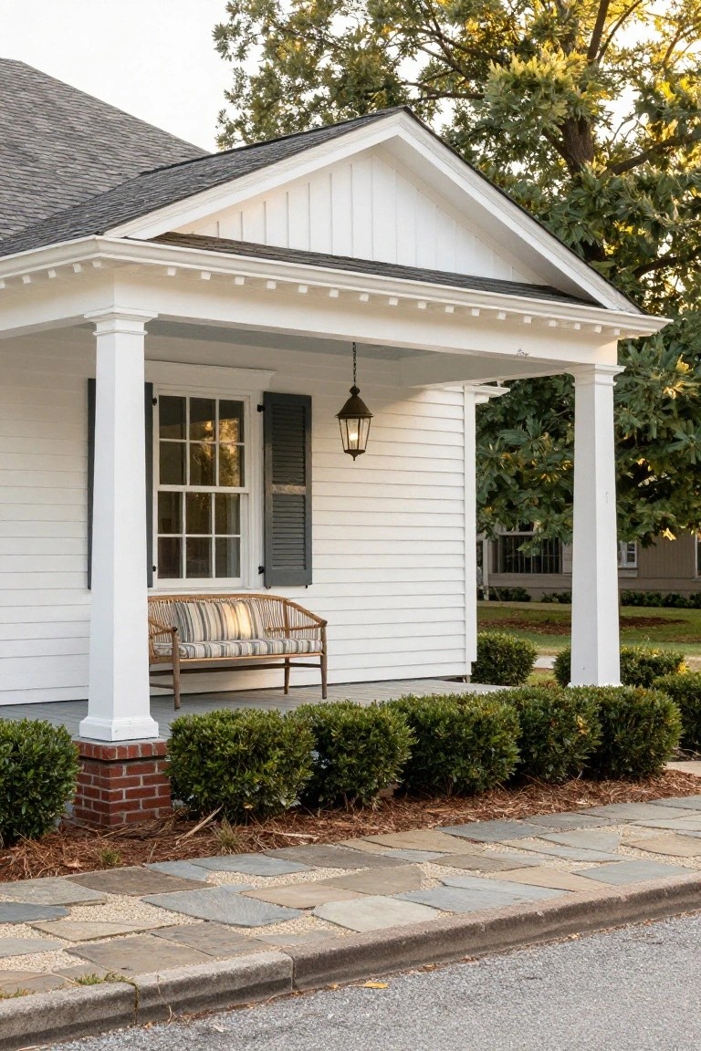 White clapboard house with tall white columns supporting a covered porch, a rattan bench with striped cushions next to the columns, boxwood shrubs along the base, and a stone path bordered by mulch.