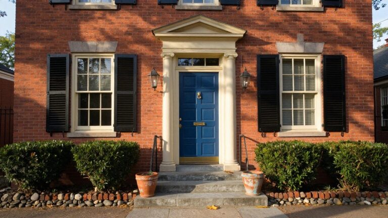 Red brick colonial house exterior featuring two white fluted columns supporting a portico over a navy blue front door, with multipane windows and black shutters on either side, stone steps, copper lanterns in terracotta pots, and boxwood shrubs.