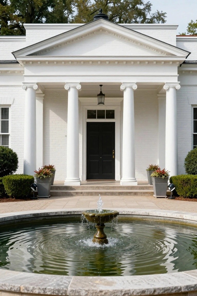 White brick colonial-style house exterior featuring fluted white columns supporting a pediment above a black front door, with boxwood shrubs, potted plants, and a stone fountain in the foreground.