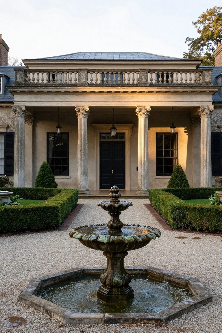 Colonial house exterior featuring tall fluted columns with ornate capitals supporting a portico over a black front door, flanked by shuttered windows, with a stone fountain on a gravel path amid boxwood hedges.