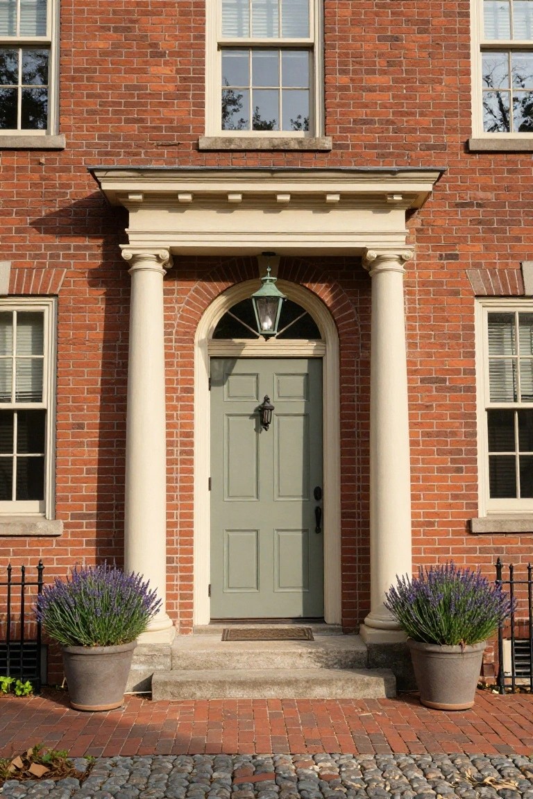Red brick colonial house exterior with white fluted columns supporting a pediment over a teal arched front door, flanked by lanterns and large terracotta pots of lavender on a brick walkway with cobblestone edges.