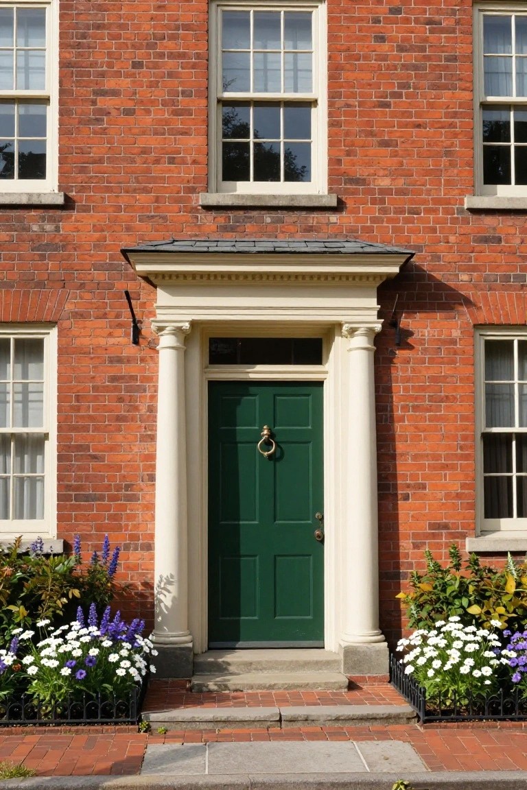 Red brick colonial house facade with tall white fluted columns and pediment over a green paneled front door with brass knocker, flanked by flower beds containing white daisies and purple delphiniums in black iron planters.