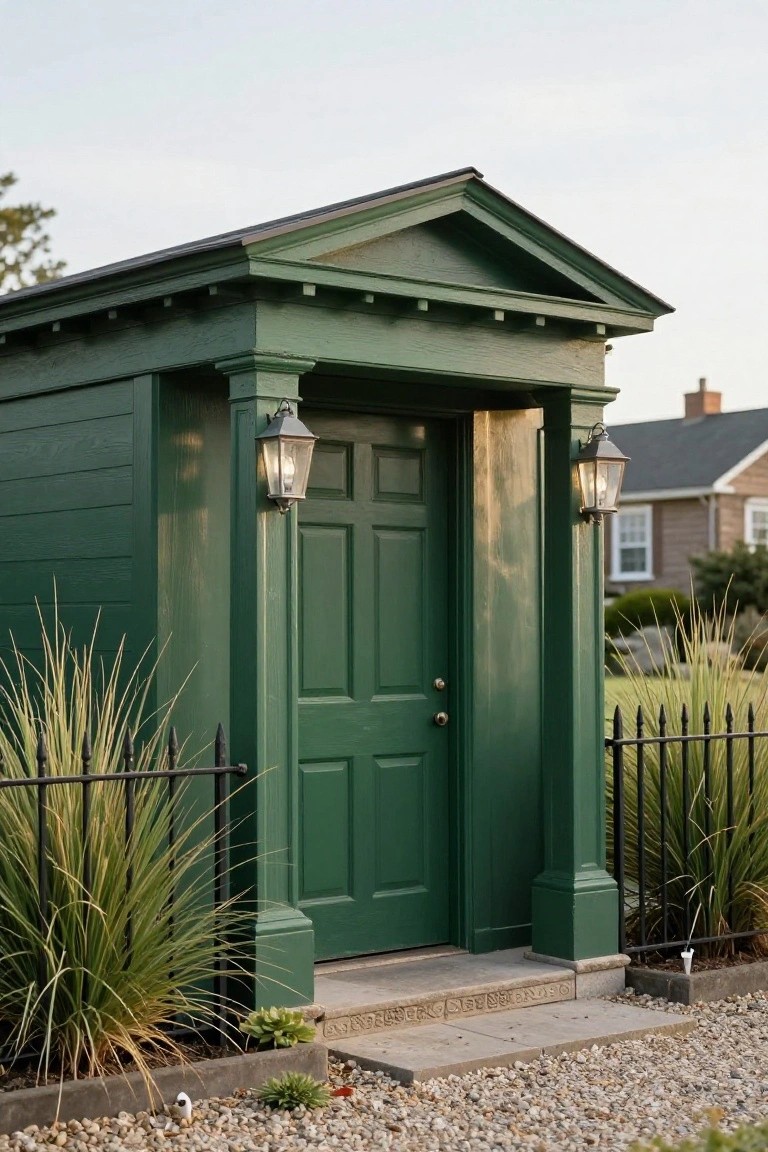Small green wooden shed with classical triangular pediment, two fluted columns, green paneled door flanked by lanterns, black iron fence, ornamental grasses, and gravel path.