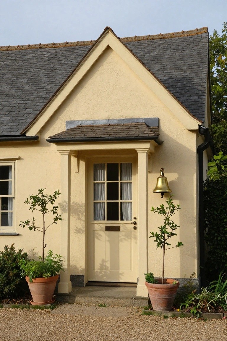 Pale yellow colonial-style house exterior featuring a gabled porch with slender pillars, a central wood door with windows, potted trees flanking the entry, and a brass bell on the wall, set against a gravel driveway.