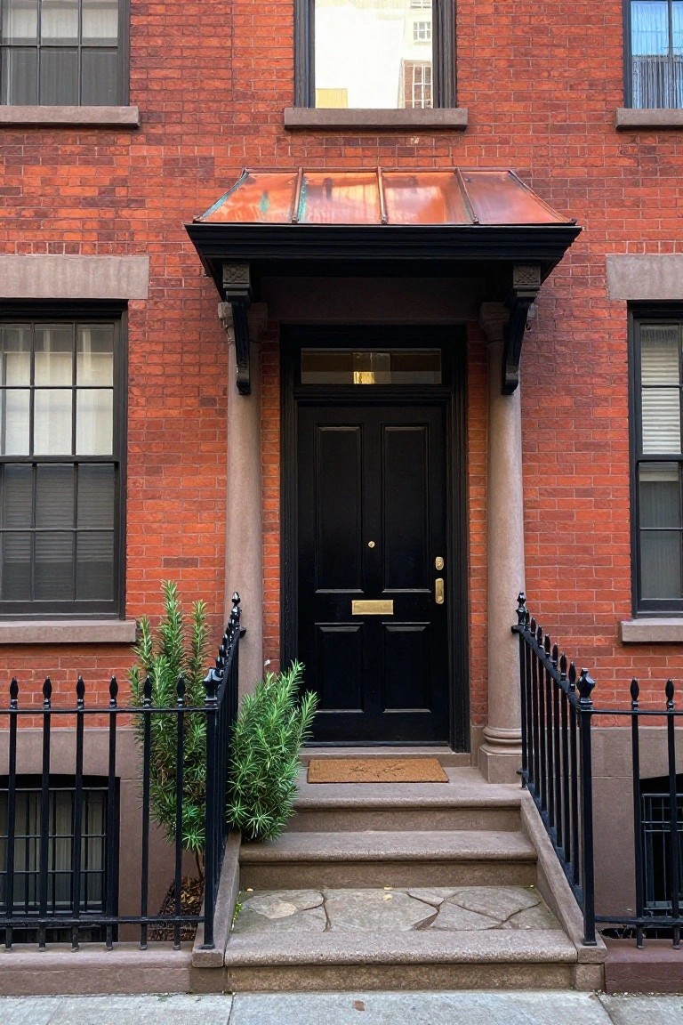 Red brick townhouse exterior with black double front door centered under a copper awning, flanked by stone columns, iron railing, steps, and small evergreen shrubs.
