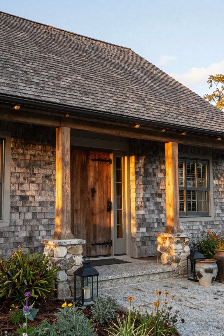 Front view of a shingle-clad house exterior with a covered porch supported by four tall wooden pillars on stone bases, a wooden entry door with sidelight, lanterns, and low plantings around stone steps.