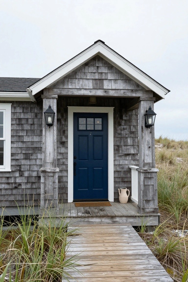 Gray shingle house exterior with square wooden porch pillars, navy blue front door, black lanterns, white trim, and wooden path through beach grass.