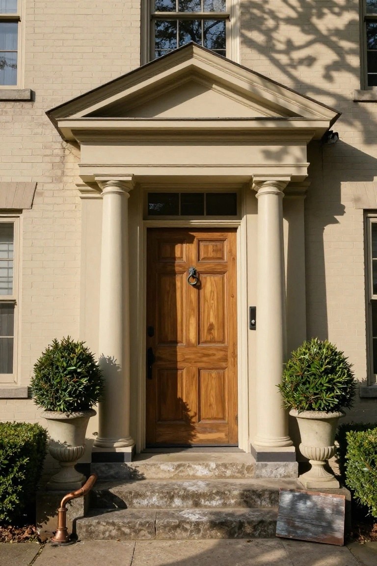 Beige brick colonial house front with white columns flanking a paneled wooden door, brass knocker, stone steps, urn planters with boxwood shrubs, and copper pipe on sidewalk.