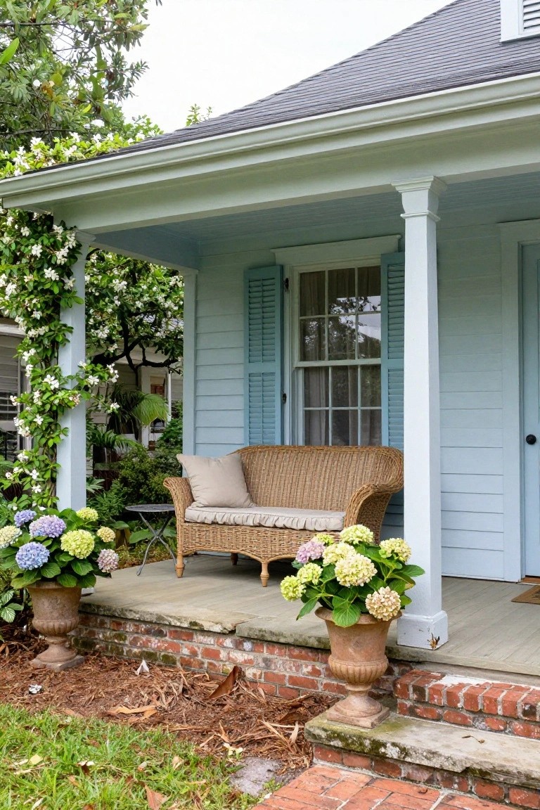 Pale blue clapboard house exterior with white columns supporting a covered porch, wicker loveseat with cushions, two terracotta pots of hydrangeas flanking brick steps, climbing vines, and live oak trees nearby.