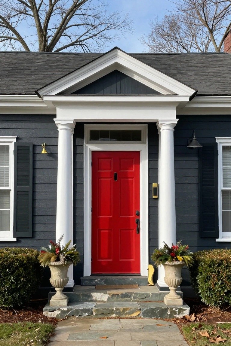 Dark gray shingle house with white fluted columns flanking a red front door under a pediment, white trim, black shutters on windows, wall lanterns, potted holiday greenery on urns, and stone steps with slate path.