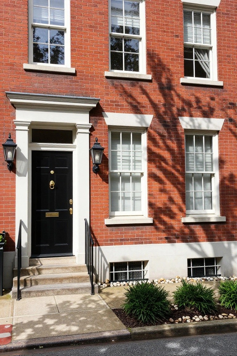 Red brick rowhouse exterior with black front door, gold knocker and handle, white trim around door and windows, black lanterns on sides, concrete steps, and gravel beds with plants at base.