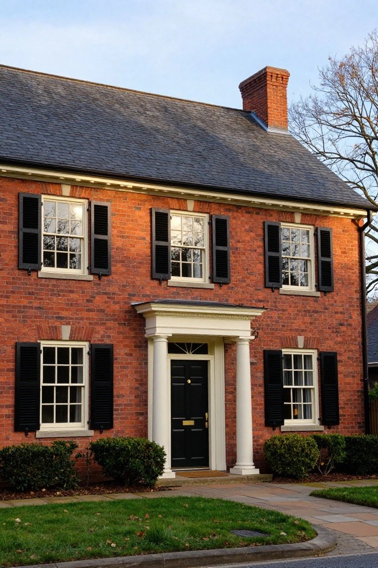 Two-story red brick colonial house with black shutters on multi-pane windows, white trim, columned front entry with black door, boxwood shrubs, and lawn.