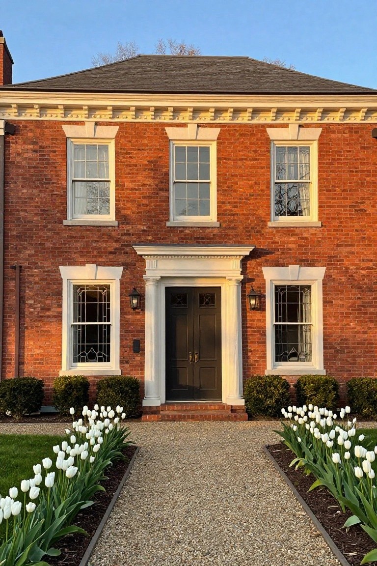 Front view of a two-story red brick colonial house with white trim, gabled roof, multi-pane windows, columned portico around a dark double door, flanked by boxwood shrubs and white tulips along a gravel path.
