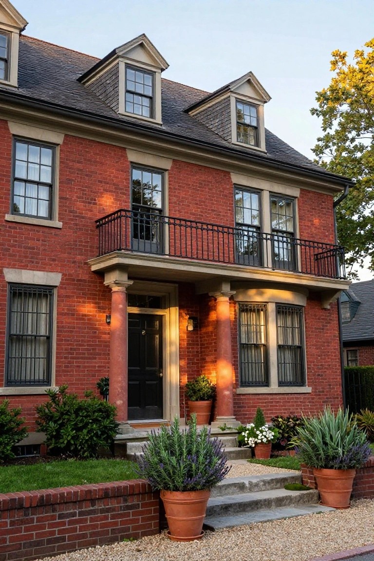 Two-story red brick colonial house with dormer windows, upper balcony with black iron railing, columned stone entry porch, black grilles on windows, potted plants along front steps, and gravel path.