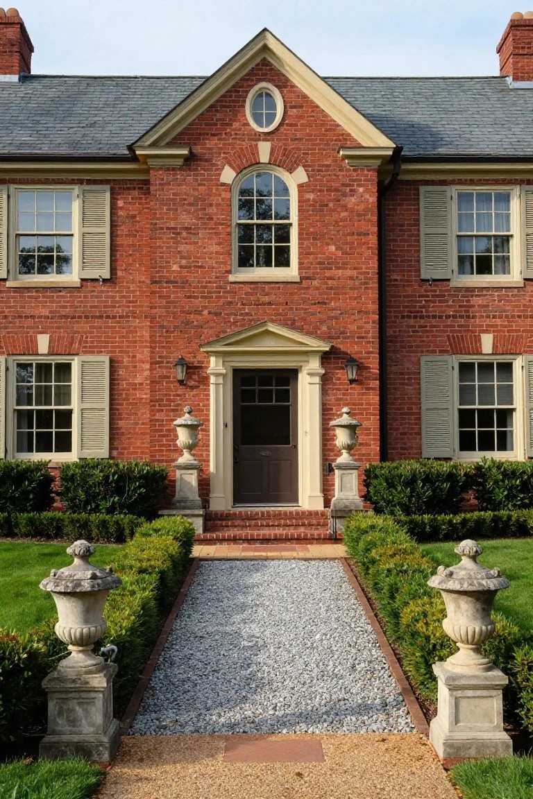 Red brick Colonial house exterior with symmetrical windows, pedimented entry portico, gravel pathway flanked by stone urns and boxwood hedges.