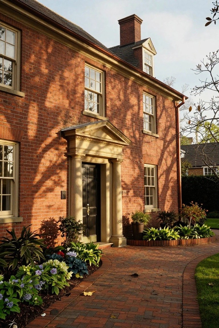Red brick colonial house exterior featuring a pedimented portico with columns framing a dark wood double door, brick pathway, and surrounding plants.