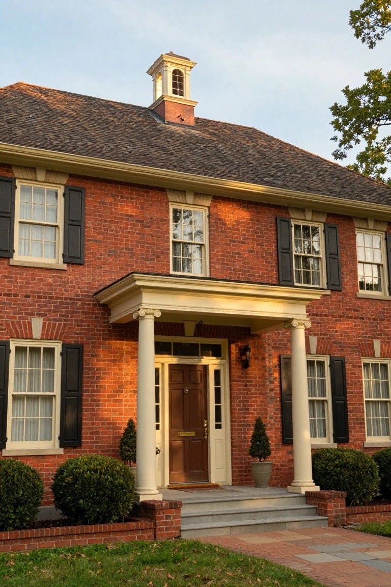 Two-story red brick colonial house with gabled roof, cupola, black shutters on multi-pane windows, column-supported portico at the entrance, boxwood shrubs, and stone steps.