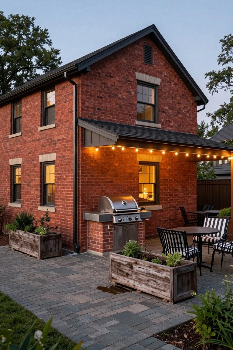 Red brick house exterior at dusk with attached covered patio, built-in stainless steel grill on brick base, round table with striped chairs and black chairs, overhead string lights, wooden planter boxes with plants, paver stone patio, and grass lawn.