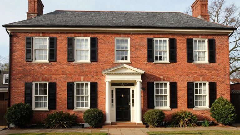 Two-story red brick colonial house with black shutters on multi-pane windows, white trim, columned front entry with black door, boxwood shrubs, and lawn.