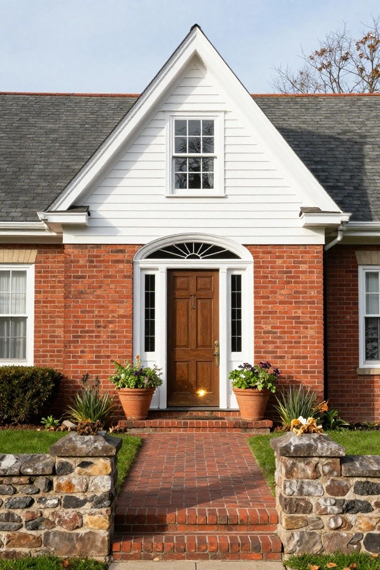Front view of a two-story red brick house with white clapboard gable above the centered wooden entry door, white trim, brick steps flanked by stone walls, and potted plants on either side.