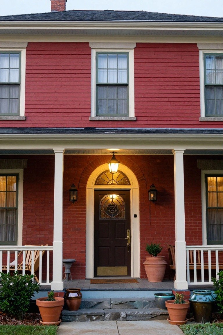 Red painted wood-sided colonial house exterior featuring a white porch with columns, brick arched entry door with stained glass transom and sidelights, wall lanterns, potted plants, and wooden chairs on the porch.