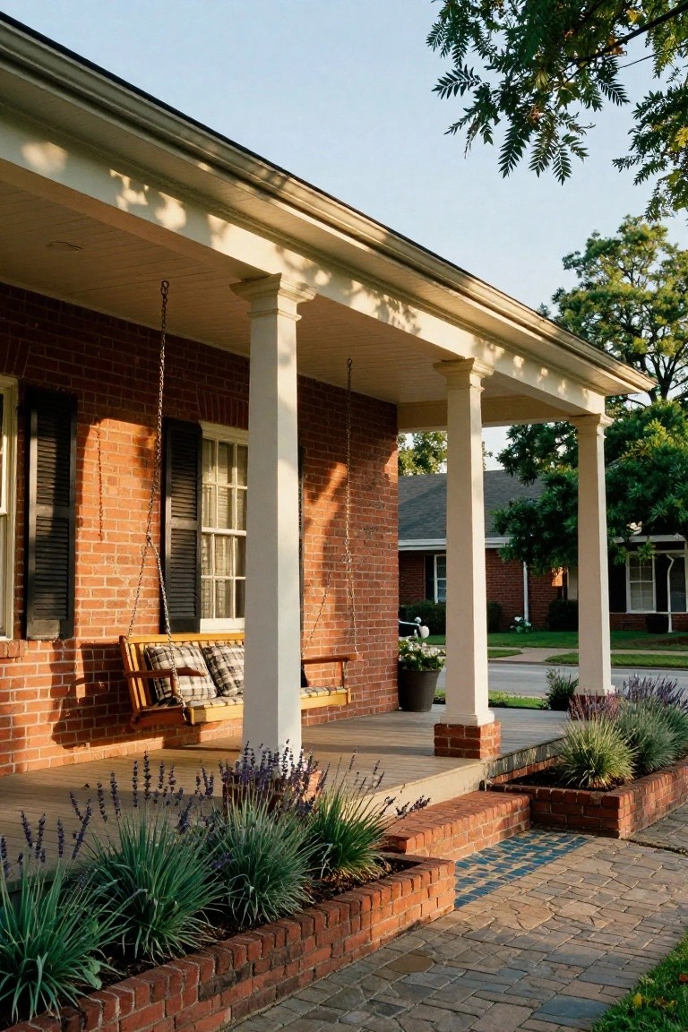 Red brick Colonial house exterior featuring a white columned porch with a wooden swing hanging from chains, plaid pillows on the swing, lavender plants in brick-edged beds along the porch foundation, and a stone path to the steps.