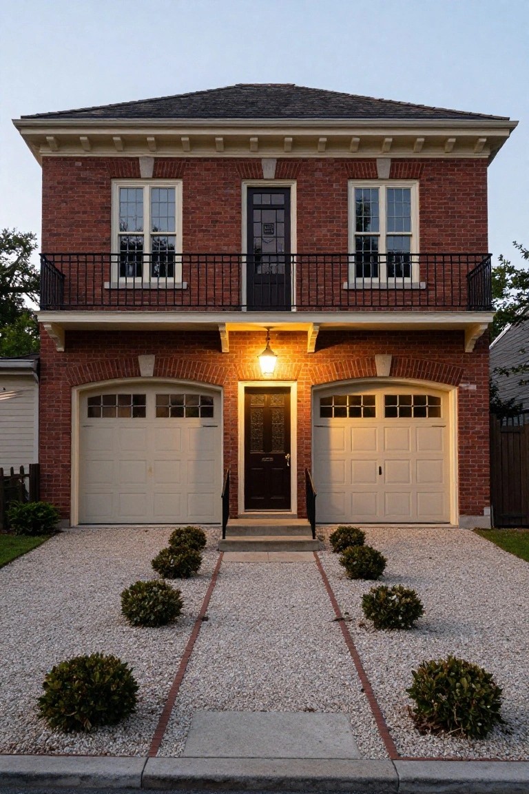 Two-story red brick house exterior with upper balcony, central black front door under a light, flanked by two cream arched garage doors, and a gravel driveway edged in brick with boxwood shrubs.