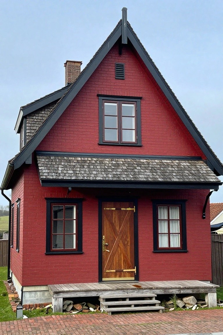 Red brick single-story house with steep gabled black-shingled roof, black-trimmed windows, wooden X-braced door, small wooden porch with steps, and brick pathway surrounded by grass and rocks.
