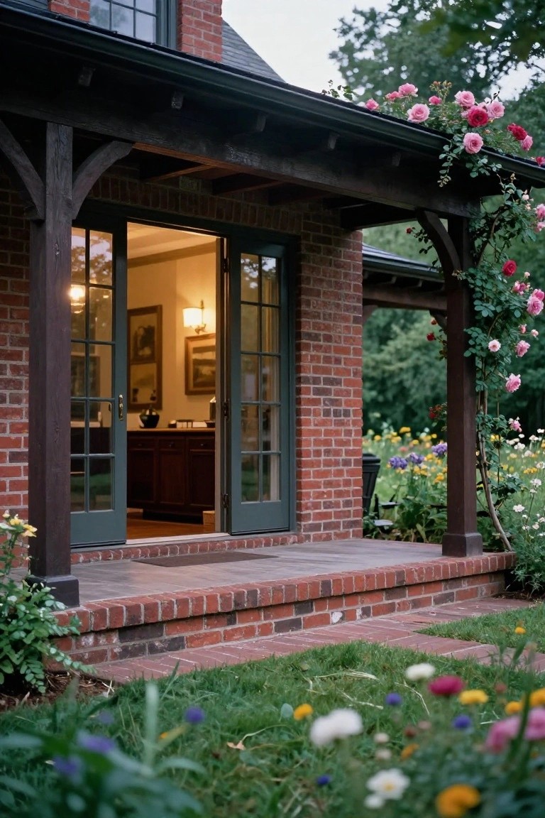 Red brick house exterior featuring a covered porch with dark wooden beams and posts, open dark green French doors revealing an interior room, climbing pink roses on the structure, and a surrounding garden with flowers and grass.