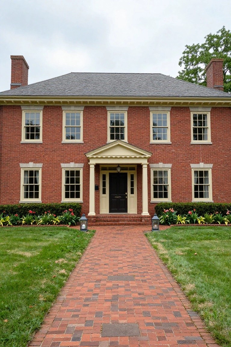 Front view of a two-story red brick colonial house with symmetrical windows, centered portico entry featuring cream columns and black door, brick pathway, lanterns, and landscaped flower beds.