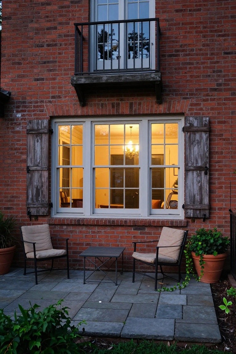 Red brick house wall at dusk featuring an upper wooden balcony with black railing, a large central window with sidelights flanked by weathered board-and-batten shutters below, interior chandelier light visible through the glass, and a stone patio in front with two cushioned chairs, a small table, potted plants, and ivy.