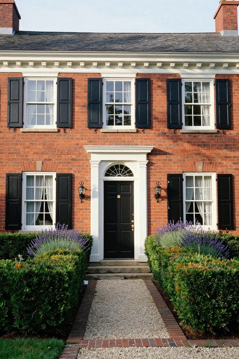 Red brick colonial house facade with black shutters on multi-pane windows, white trim around a black front door with fanlight, flanked by boxwood hedges and lavender plants along a gravel path.