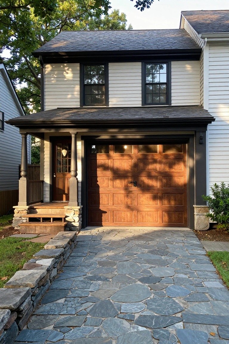 Front view of a two-story colonial house with white clapboard siding, black trim around windows and eaves, wooden garage door, small front porch with columns, stone steps, and flagstone pathway bordered by low stone walls.