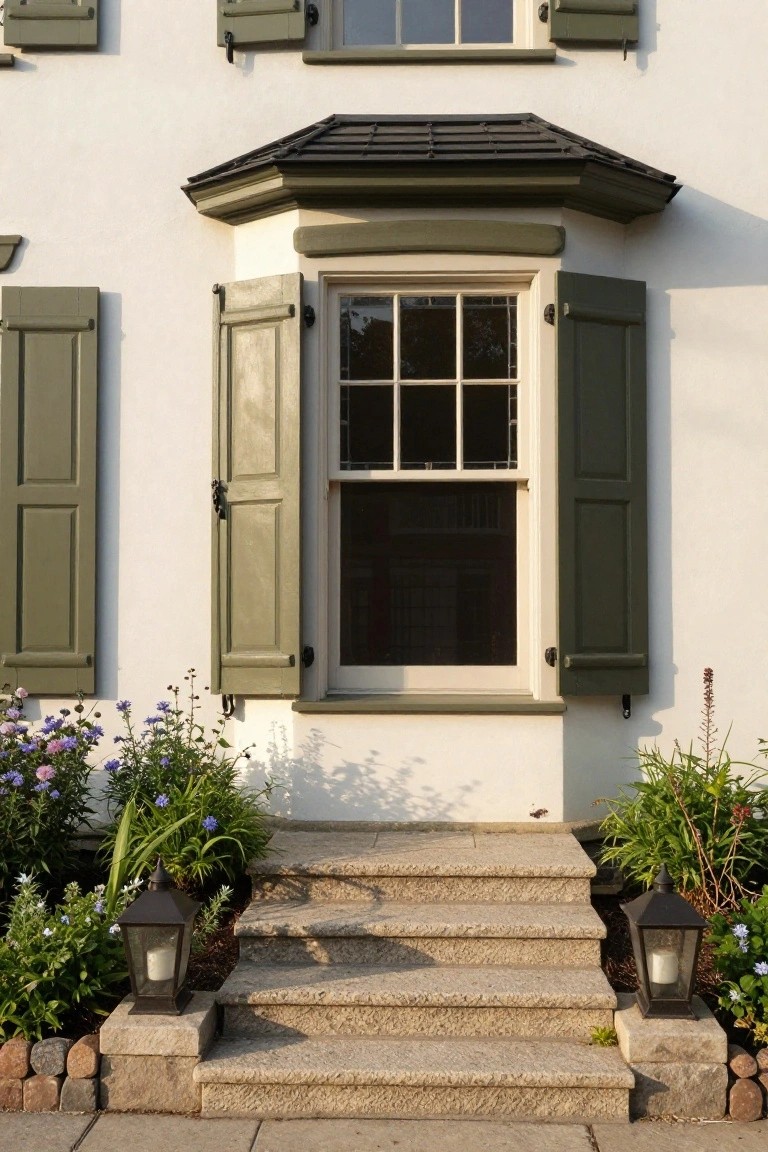 White colonial house exterior with green shutters on windows, a projecting bay window above granite steps leading to an entry platform, black lanterns on stone pedestals flanking the steps, and low plants and flowers at the base.