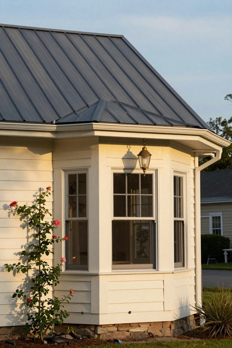 Corner view of a cream clapboard house with gray metal roof, white bay window, brass lantern light, pink climbing roses on the siding, stone foundation, and nearby grass and plants.
