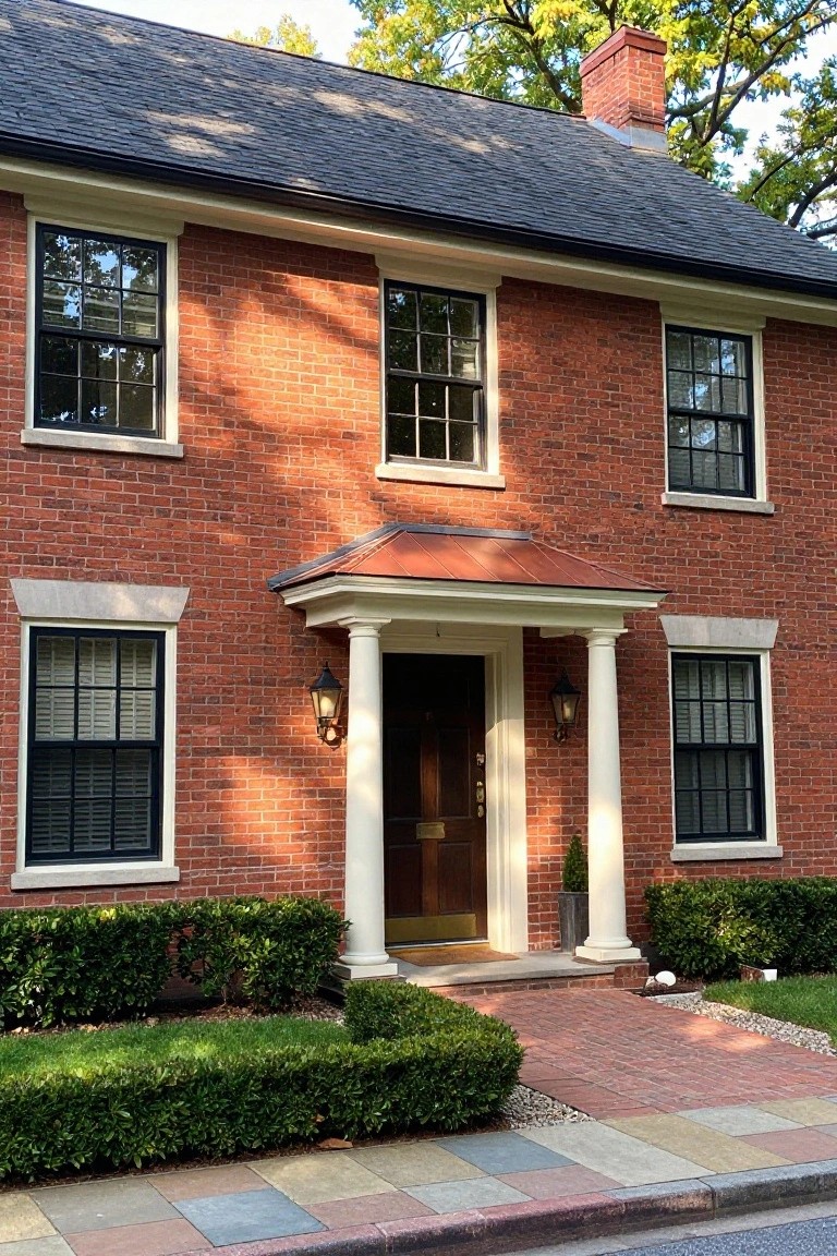 Two-story red brick colonial house with black-framed windows, central wooden front door under a small copper-roofed portico with white columns and lanterns, flanked by boxwood shrubs, brick walkway, and street curb.