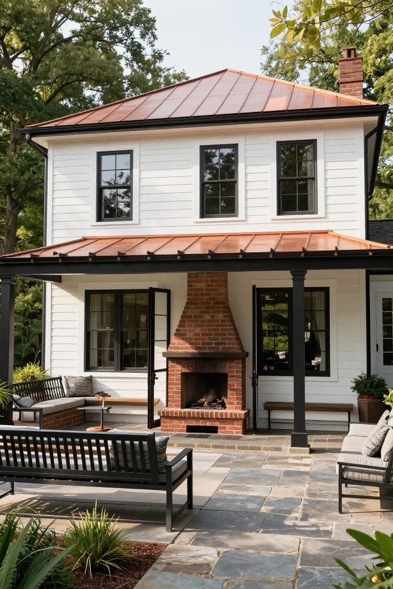 Rear exterior of a two-story white clapboard colonial house with copper standing-seam roof, black-framed windows and doors, covered porch supported by black columns featuring a central brick outdoor fireplace, bluestone paver patio with black metal benches and cushions, and surrounding greenery.