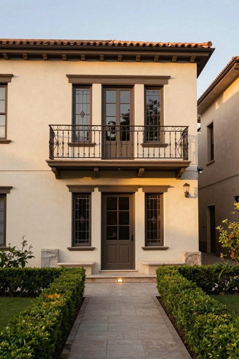Two-story beige stucco house with red tile roof, dark-framed windows, wrought iron balcony on the upper level, centered dark wood front door with leaded glass sidelights below, stone benches beside the door, and a stone walkway lined with trimmed boxwood hedges.
