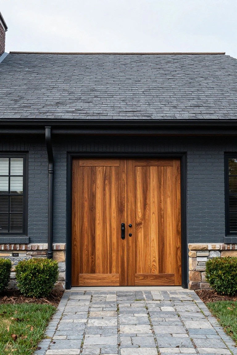 House garage featuring dark siding, large vertical wooden double doors with black hardware, flanked by black-framed windows, a downspout, stone accents at the base, shrubs, and a gray paver pathway leading up to it under a slate roof.
