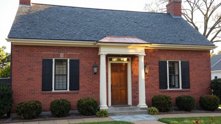 Two-story red brick colonial house with black-framed windows, central wooden front door under a small copper-roofed portico with white columns and lanterns, flanked by boxwood shrubs, brick walkway, and street curb.