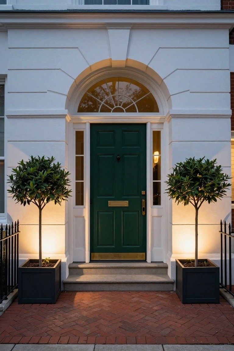 White stucco Colonial house facade with deep green paneled front door, brass knocker, symmetric potted bay trees in black planters, brick steps, and black iron railings at dusk.