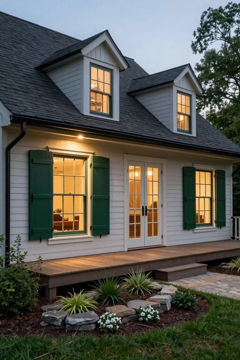White clapboard colonial house with dark gabled roof, green shutters on multipane windows, glass front door, wooden porch deck, and low landscaping at dusk.