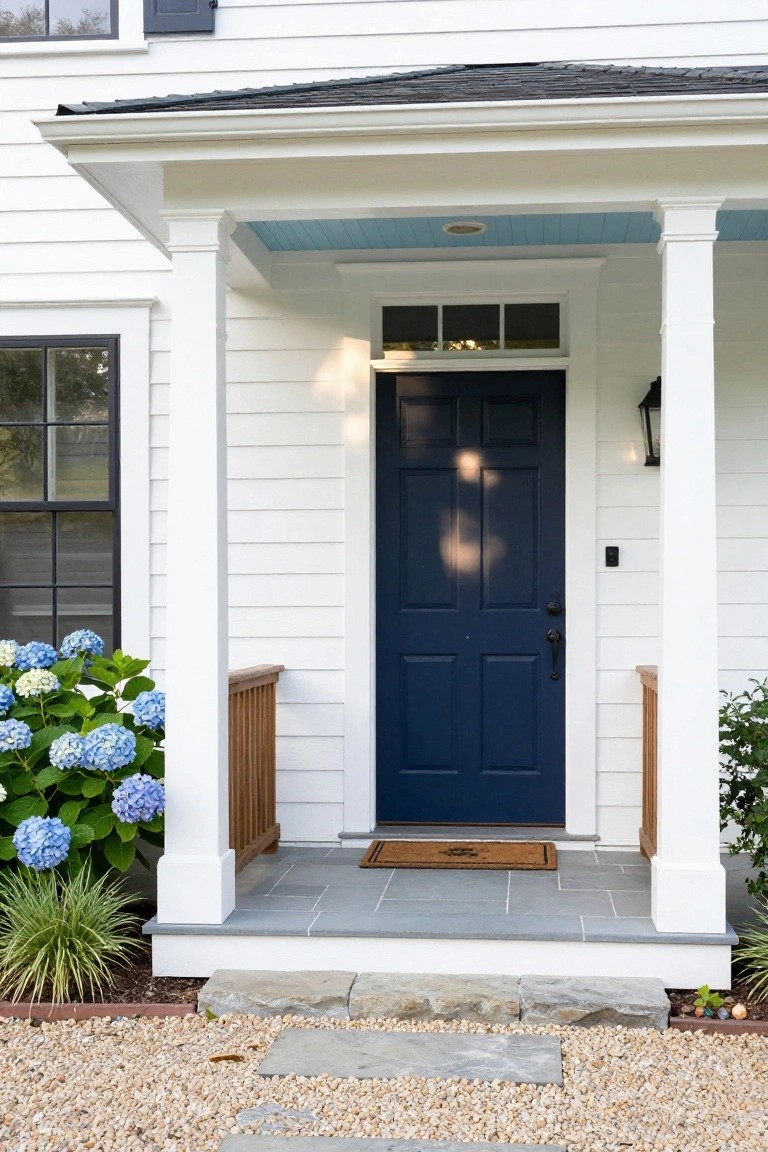 White clapboard house front with navy blue paneled door centered under a porch with white columns, blue ceiling, lantern light, hydrangea bushes on sides, wood railing, slate steps, and gravel path.